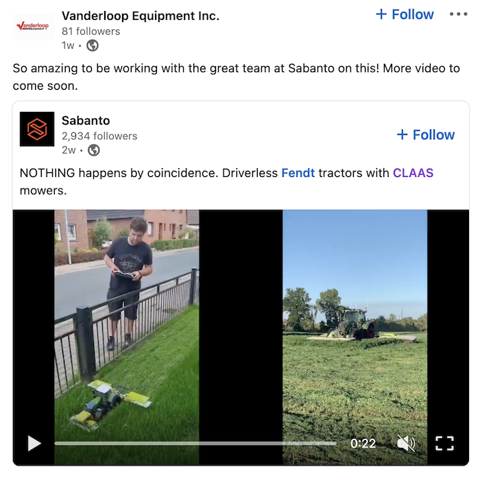 Vanderloop Equipment Linkedin post